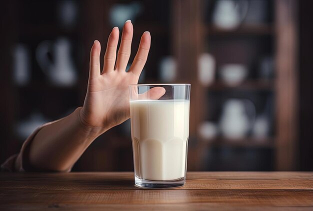 Foto frau mit hand zeigt geste, um das auslassen von milch im stil von „verschwommen“ zu stoppen