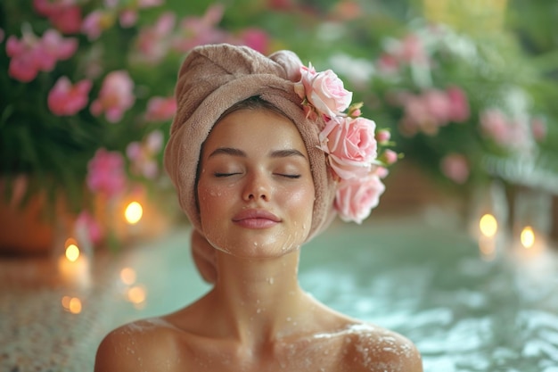 Frau mit Handtuch auf dem Kopf im Whirlpool entspannendes Spa-Erlebnis für junge Frau mit geschlossenen Augen