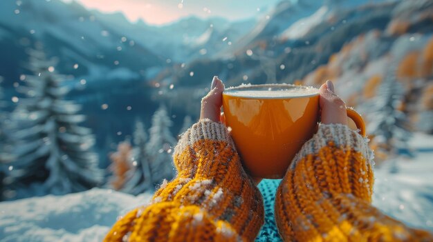 Frau mit heißen Getränkebecher in den Händen entspannt sich in der Wintersaison mit Bergblick im Hintergrund