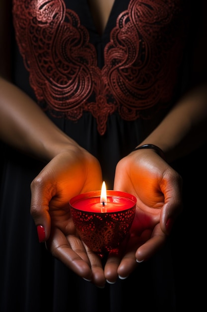 Frau mit Henna in den Händen hält eine angezündete Kerze, die auf schwarzem Hintergrund mit einem Schnittweg isoliert ist