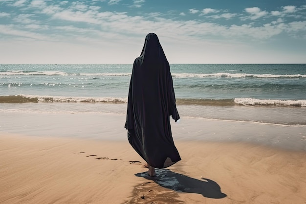 Frau mit Hijab geht alleine am Strand spazieren