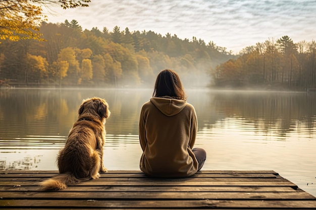 Frau mit Hund sitzt auf dem Dock am See Generative KI