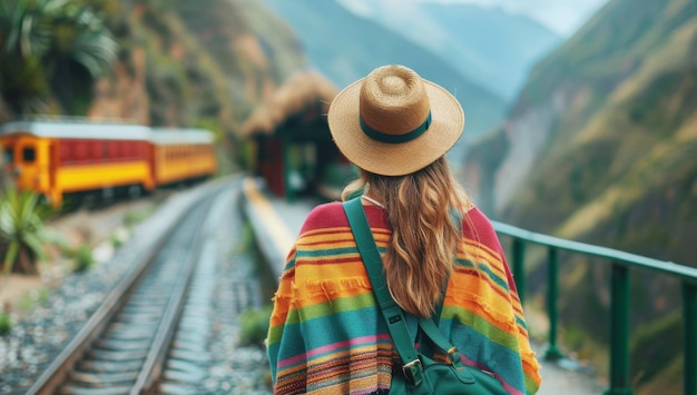 Foto frau mit hut, die auf den zug schaut