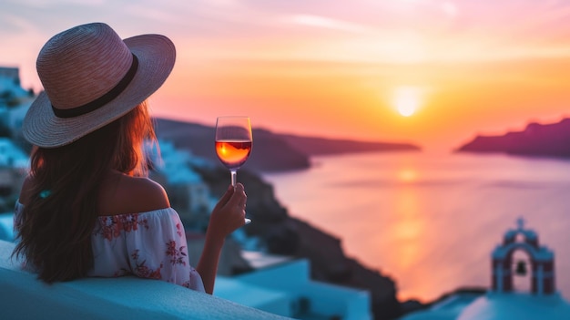 Frau mit Hut, die ein Glas Wein hält, Urlaub auf einer griechischen Insel, Sonnenuntergang.