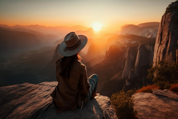 Frau mit Hut mit umgekehrter Rückseite sitzt auf dem Berggipfel bei Sonnenuntergang generativ Ai