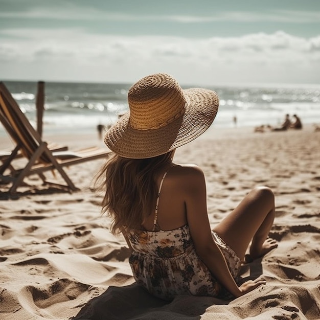 Frau mit Hut sitzt am Strand