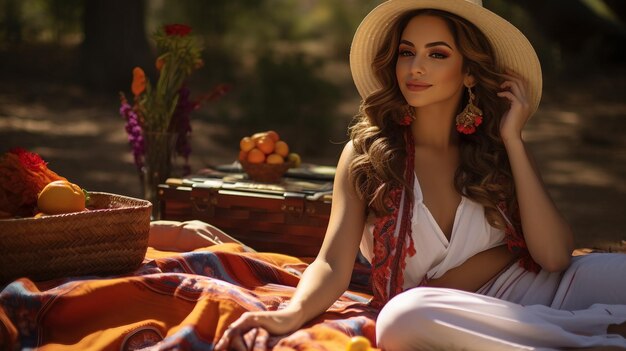 Foto frau mit hut sitzt auf decke im freien hispanic heritage month