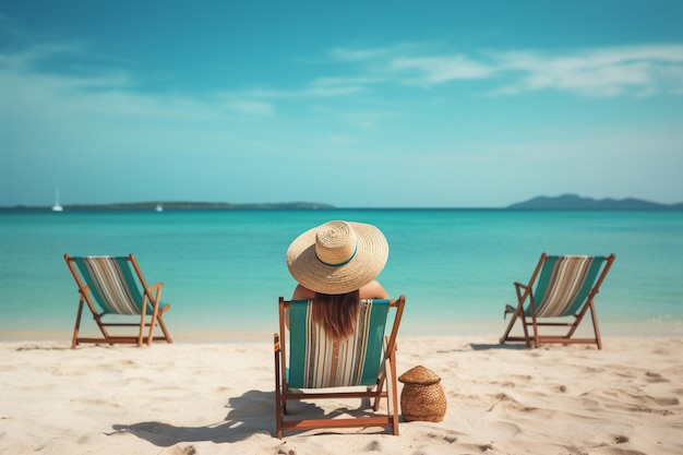 Frau mit Hut sitzt auf Strandkörben am wunderschönen tropischen Strand