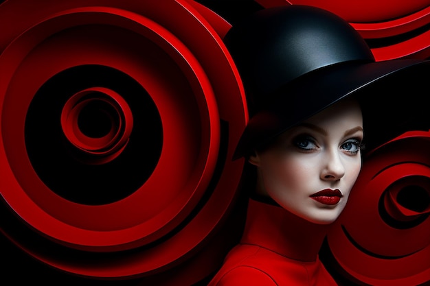 Frau mit Hut sitzt vor 3D-rotem Hintergrund absurde Avantgarde-Fotografie-Kunst mit Abstrakten