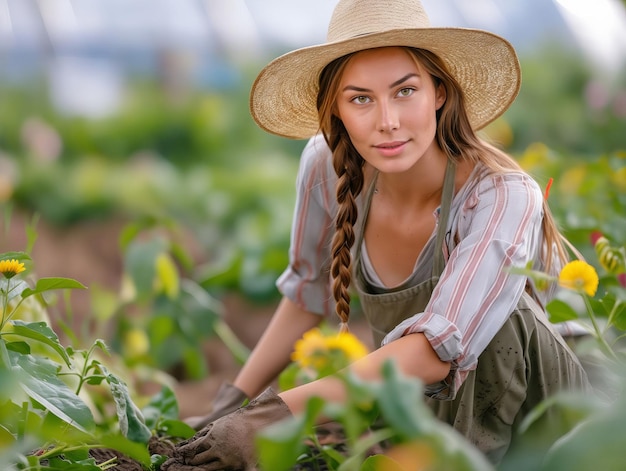 Frau mit Hut und Overall arbeitet im Gartenbau