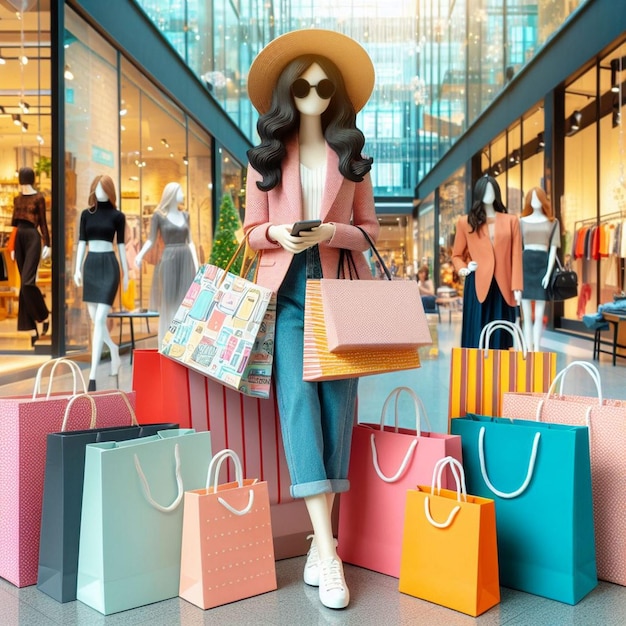 Frau mit Hut und Sonnenbrille steht vor vielen Einkaufstaschen