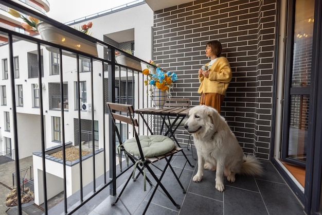 Frau mit ihrem Hund auf dem Balkon einer modernen Wohnung