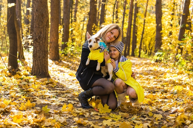 Frau mit ihrem Hund im Herbstpark. Mädchen spielt mit Jack Russell Terrier im Freien. Haustier und Leute