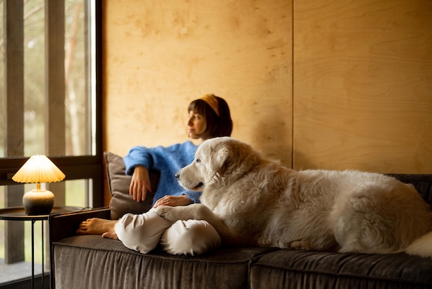 Frau mit ihrem Hund im Holzhaus in der Natur