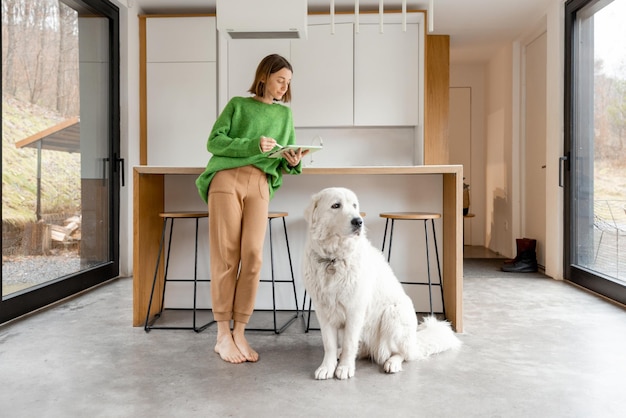 Frau mit ihrem Hund im modernen Haus