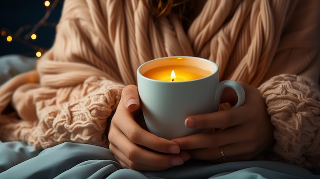 Frau mit Kaffeetasse auf dem Bett