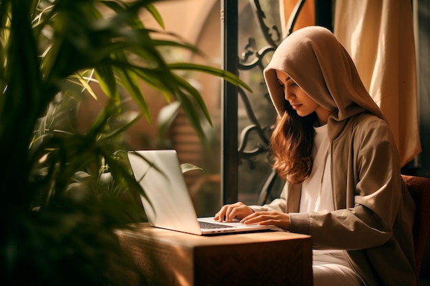 Frau mit Kapuze benutzt Laptop in einem Heimbüro