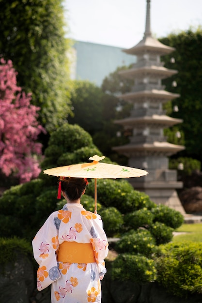 Frau mit Kimono und Wagasa-Regenschirm