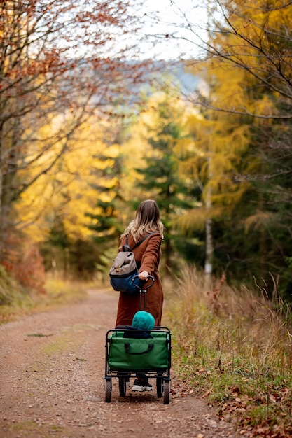 Frau mit Kind in einem Wagen, der im Wald hinuntergeht