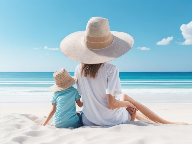 Frau mit Kind sitzt am Strand, Rückansicht ai generativ