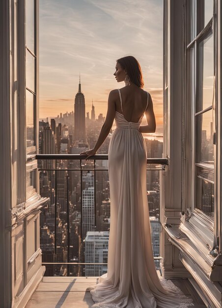 Frau mit Kleid auf dem Dach mit Blick auf New York. Frau mit einer Tasse Kaffee im Hintergrund