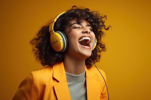 Frau mit Kopfhörern hört Musik mit farbigem Hintergrund, Audio-Streaming-Dienst, Hintergrund mit Farbverlauf