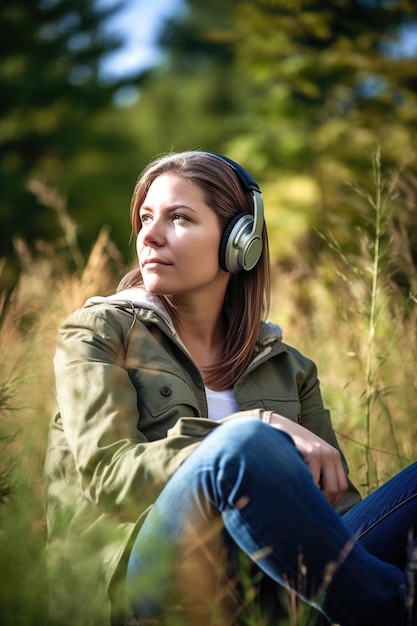 Frau mit Kopfhörern und Entspannung in der Natur für Musik, Freizeit oder Wellness