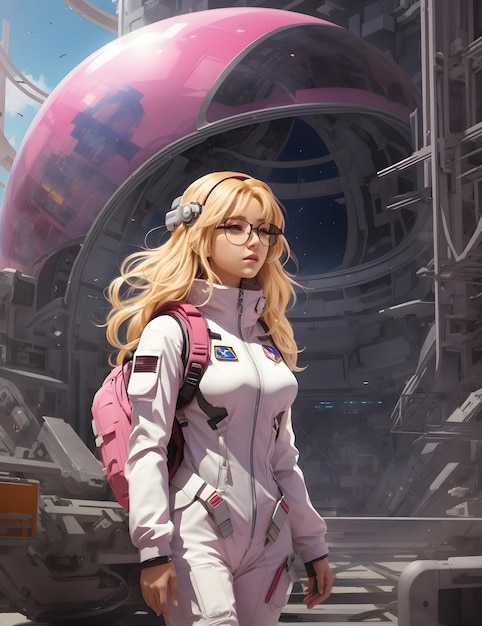 Frau mit langen blonden Haaren, Brille, pinkem Astronautenanzug und Helm in der Stadt Ai generative