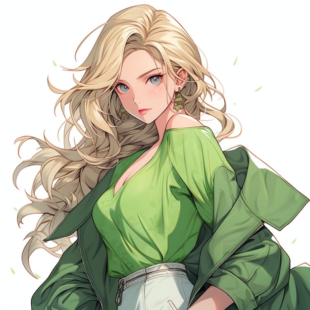 Frau mit langen blonden Haaren, die eine grüne Jacke trägt Anime-Zeichnung weibliche Anime-Figur detailliert