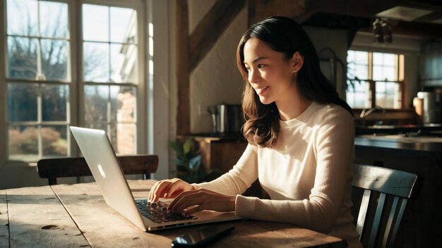 Frau mit Laptop auf einem Holztisch