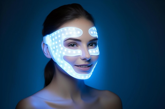 Frau mit LED-Lichttherapie Gesichtsschönheitsmaske Photontherapie Kosmetik für das Gesicht von Frauen LED-Gesichtsmaske Behandlung Professionelle Kosmetik Antiaging-Verfahren Hautpflege Spa und Gesundheit