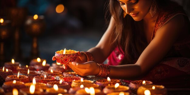 Frau mit Öllampe während des Diwali-Festivals Urlaubs-Hintergrund Diwali mit Rangoli Generative KI