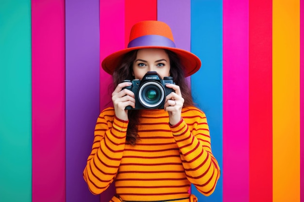 Frau mit lockigem Haar nimmt Filmkamera auf Mädchen mit Hut auf gestreiftem Hintergrund Generative KI