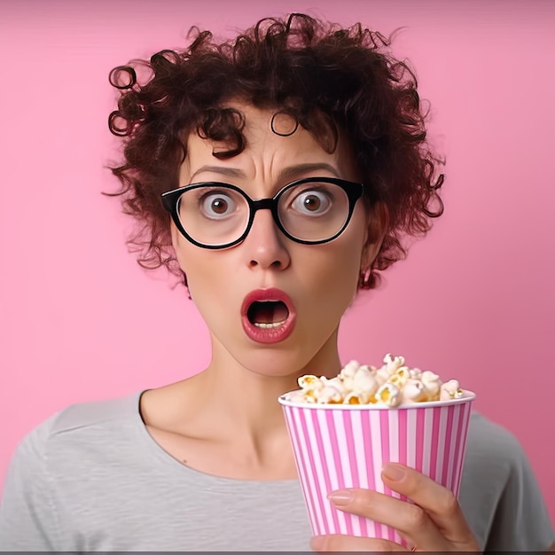 Frau mit lockigem Haar und verängstigtem Gesichtsausdruck, die Popcorn-Eimer in den Händen hält, auf einem rosa Hintergrund. Generative KI