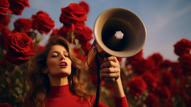 Foto frau mit megafon steht auf rose-hintergrund