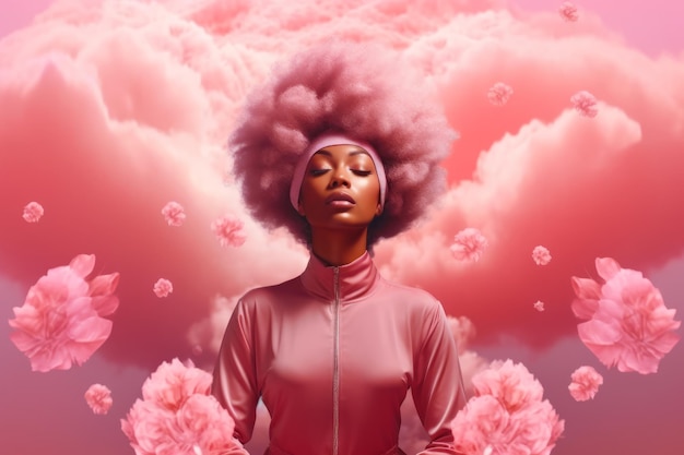 Frau mit rosa Afro steht vor rosa Wolken und Blumen Generative KI