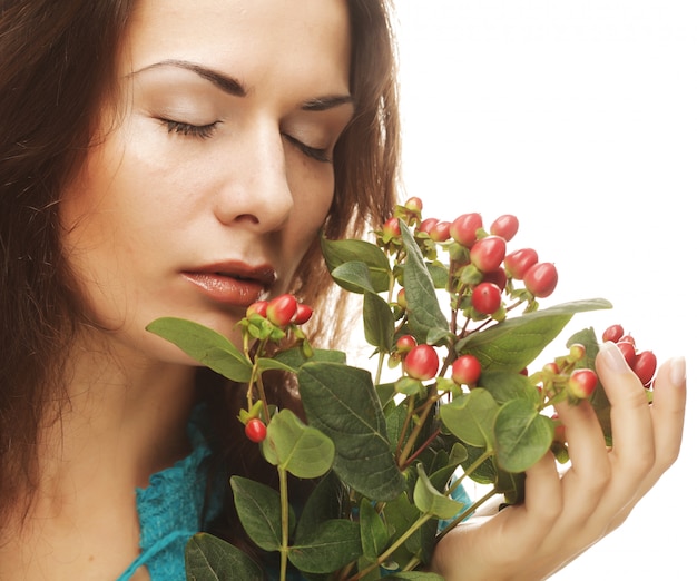 Frau mit rosa Blumen