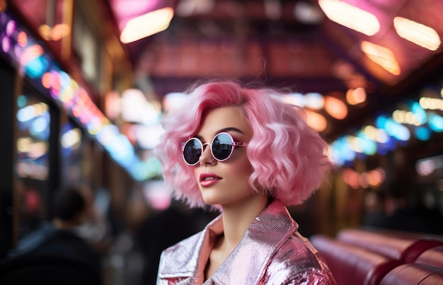 Frau mit rosa Haaren in glänzender Lederjacke, Sonnenbrille mit Smartphone, charmantes Hipster-Mädchen