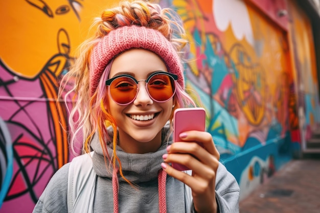 Frau mit rosa Haaren und Sonnenbrille hält Handy in der Hand
