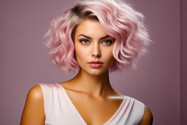 Frau mit rosa Haaren und weißem Top auf grauem Hintergrund. Generative KI.