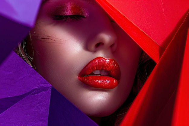 Frau mit rotem Lippenstift auf lila Hintergrund