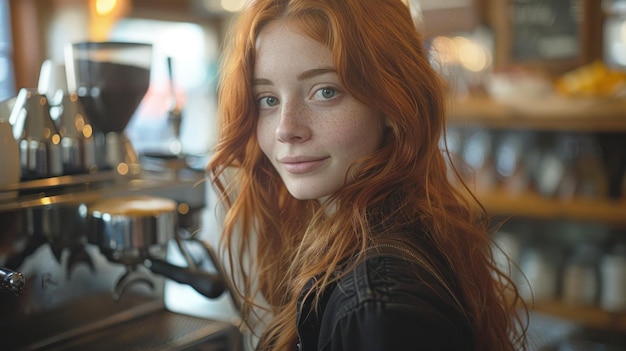 Frau mit roten Haaren an der Kaffeemaschine