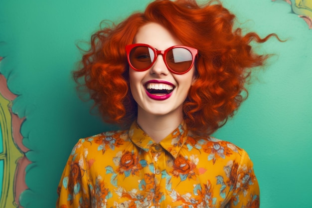 Frau mit roten Haaren, Sonnenbrille und gelbem Hemd mit Blumen darauf Generative KI