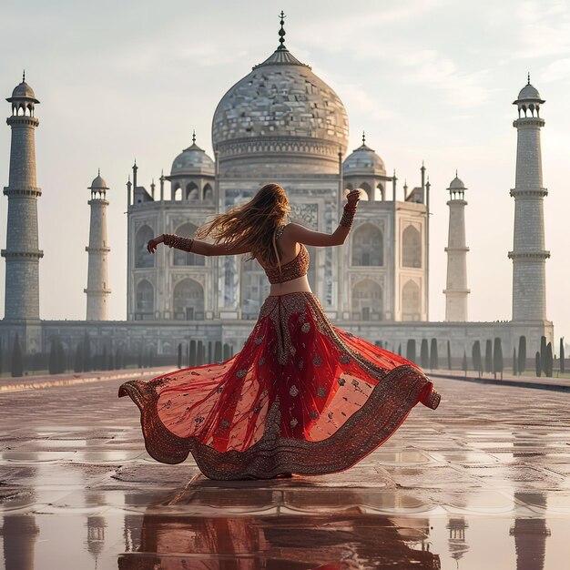 Frau mit roter Lehga tanzt in der Nähe des Taj Mahal in Agra