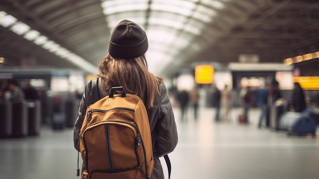 Frau mit Rucksack am Flughafen