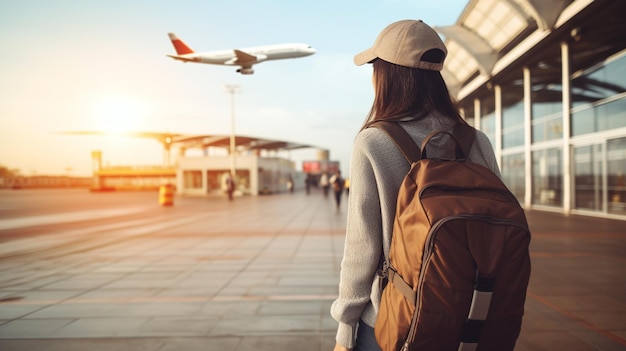 Frau mit Rucksack am Flughafen