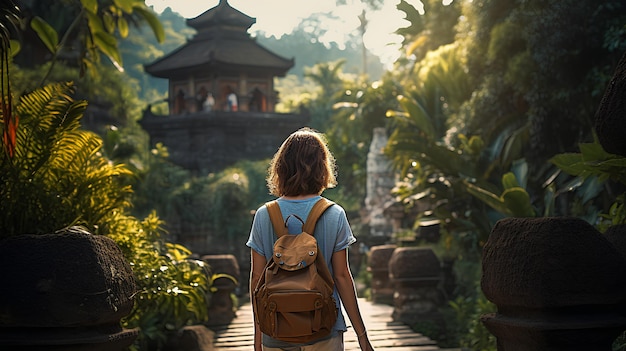 Foto frau mit rucksack erkundet