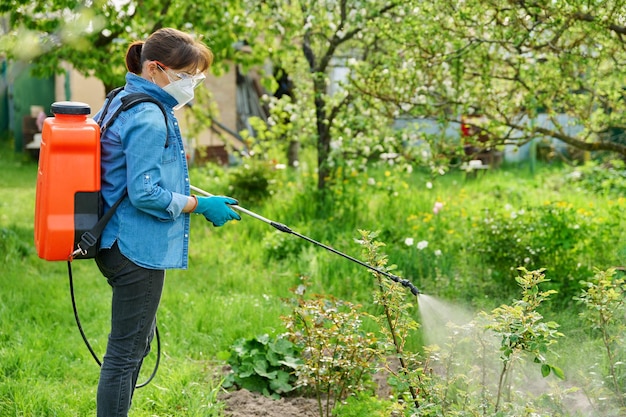 Frau mit Rucksack-Gartenspritzpistole unter Druck beim Umgang mit Buschrosen