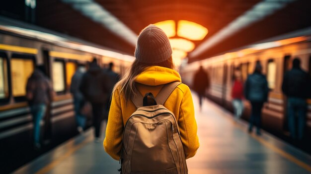 Frau mit Rucksack läuft im Bahnhof