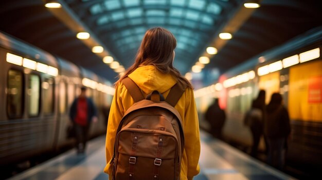 Frau mit Rucksack läuft im Bahnhof